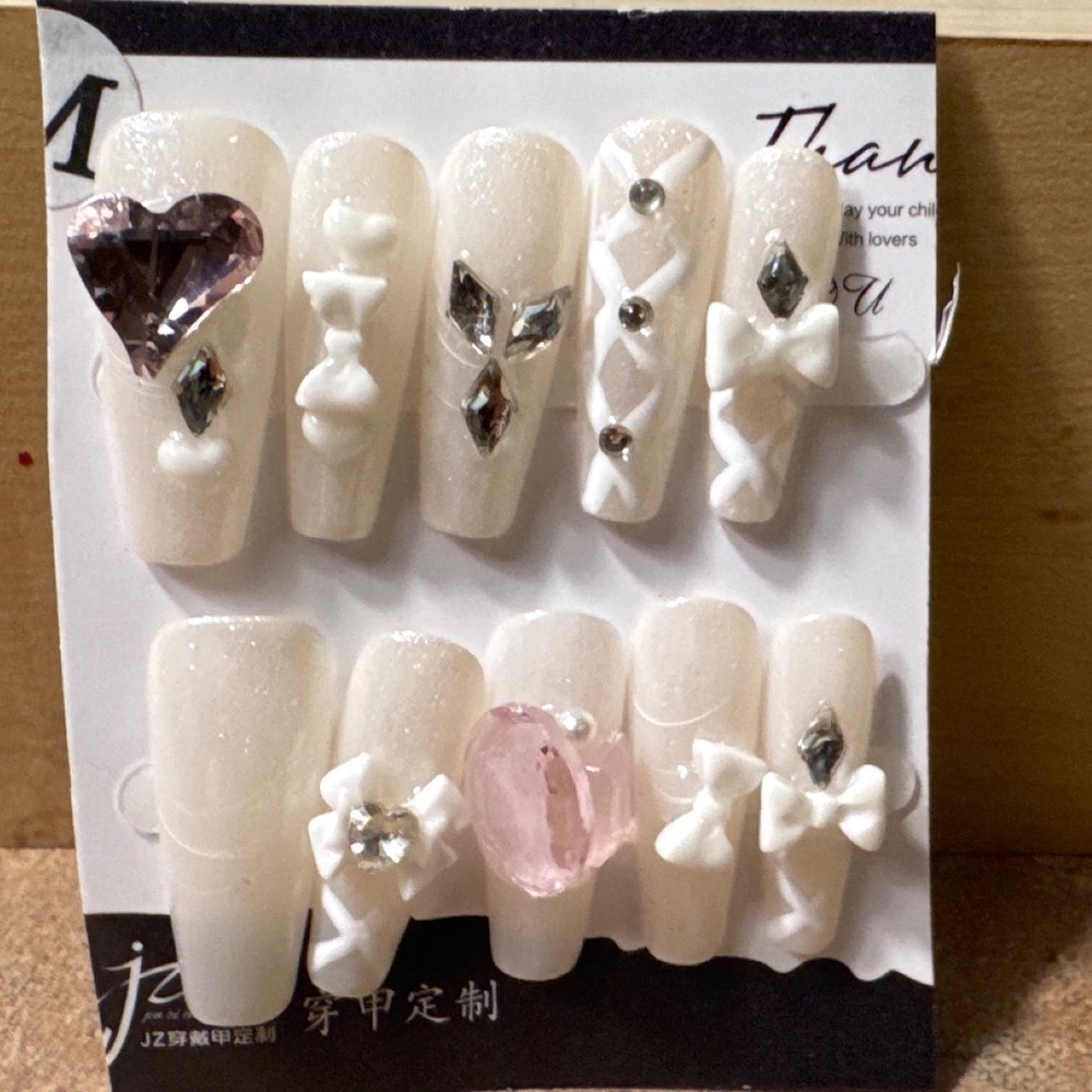 3D Press On Nails Milky White Coquette Bow Heart Rhinestone Long‎ Coffin
